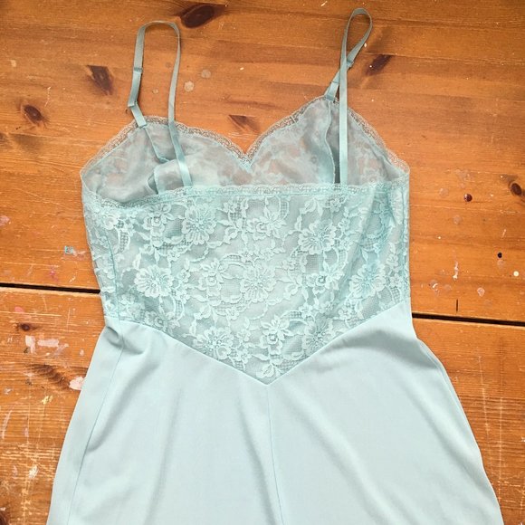 Vintage 50s Robin's Egg Blue Lace Full Slip, NWT, 34" Bust, Slip Dress - Picture 6 of 16